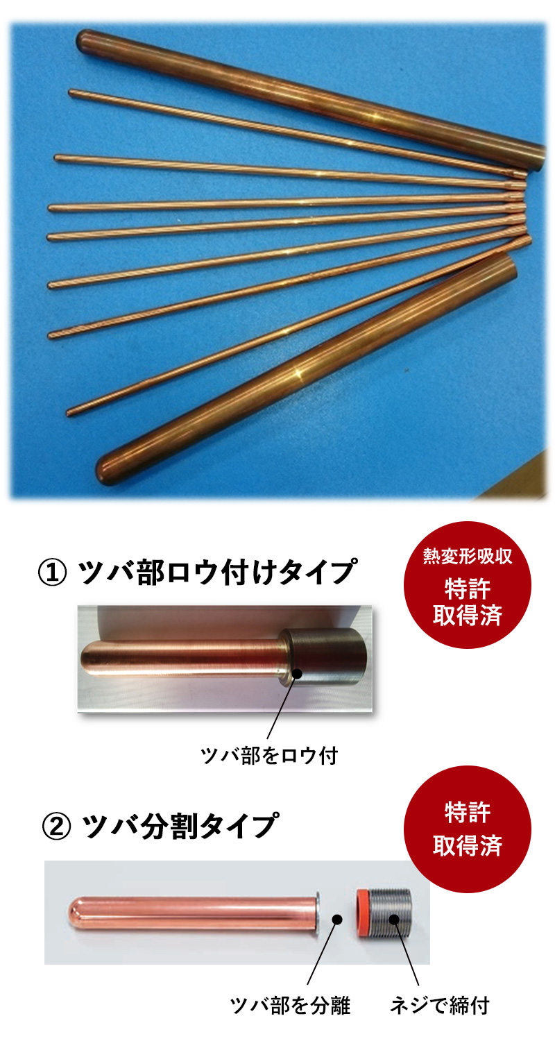 銅チューブ　①ツバ部ロウ付けタイプ　②ツバ分割タイプ